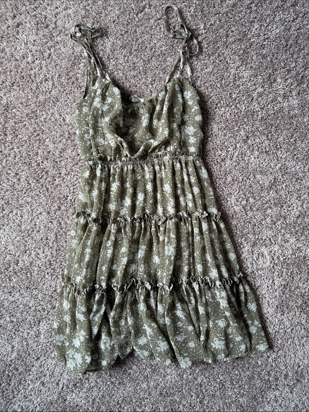 Blu Pepper Olive & White Floral Tie-Strap Tiered Midi Dress
